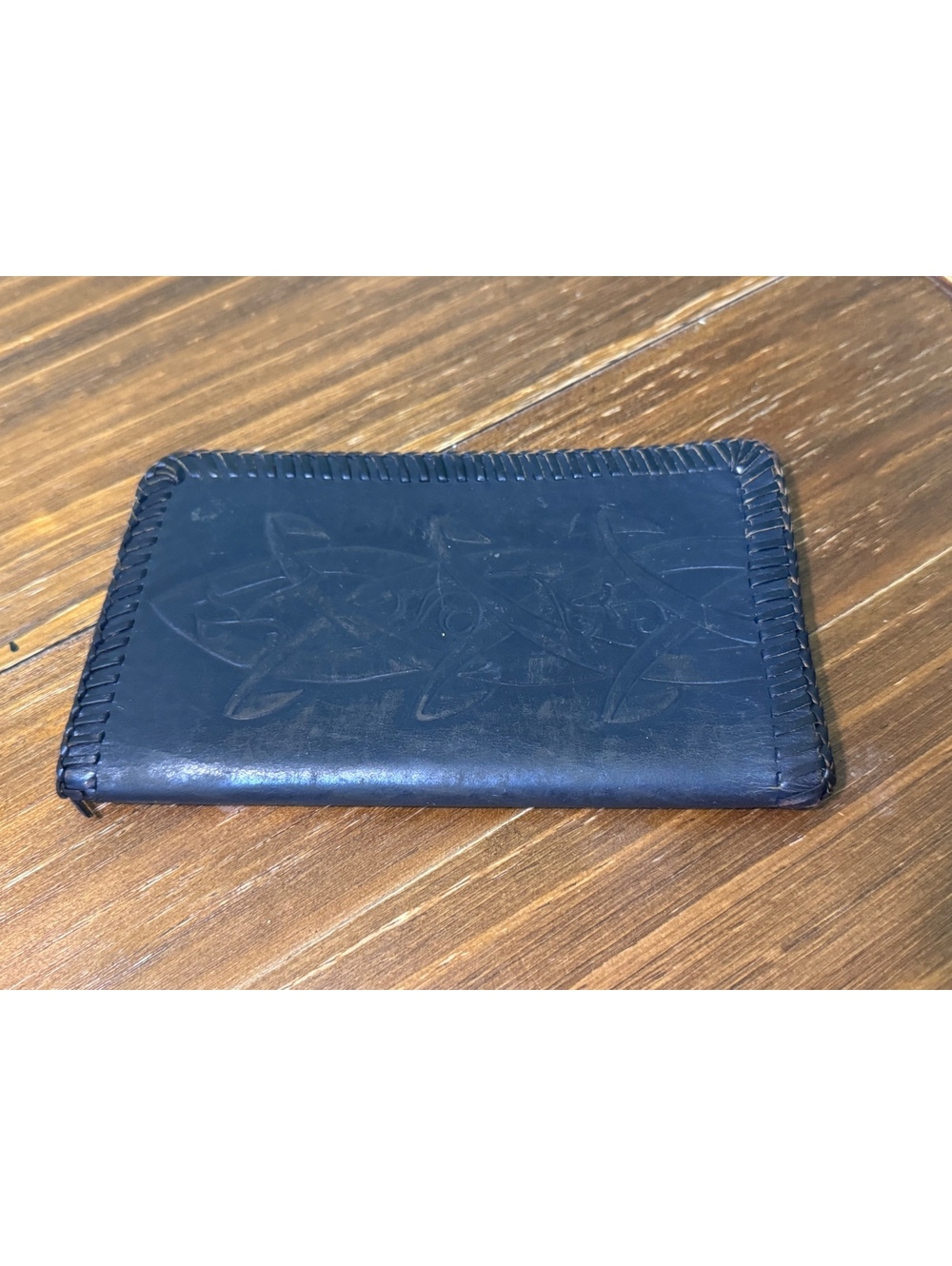 Vintage Dark Navy Blue Leather Checkbook Cover Hand Laced Tooled Design